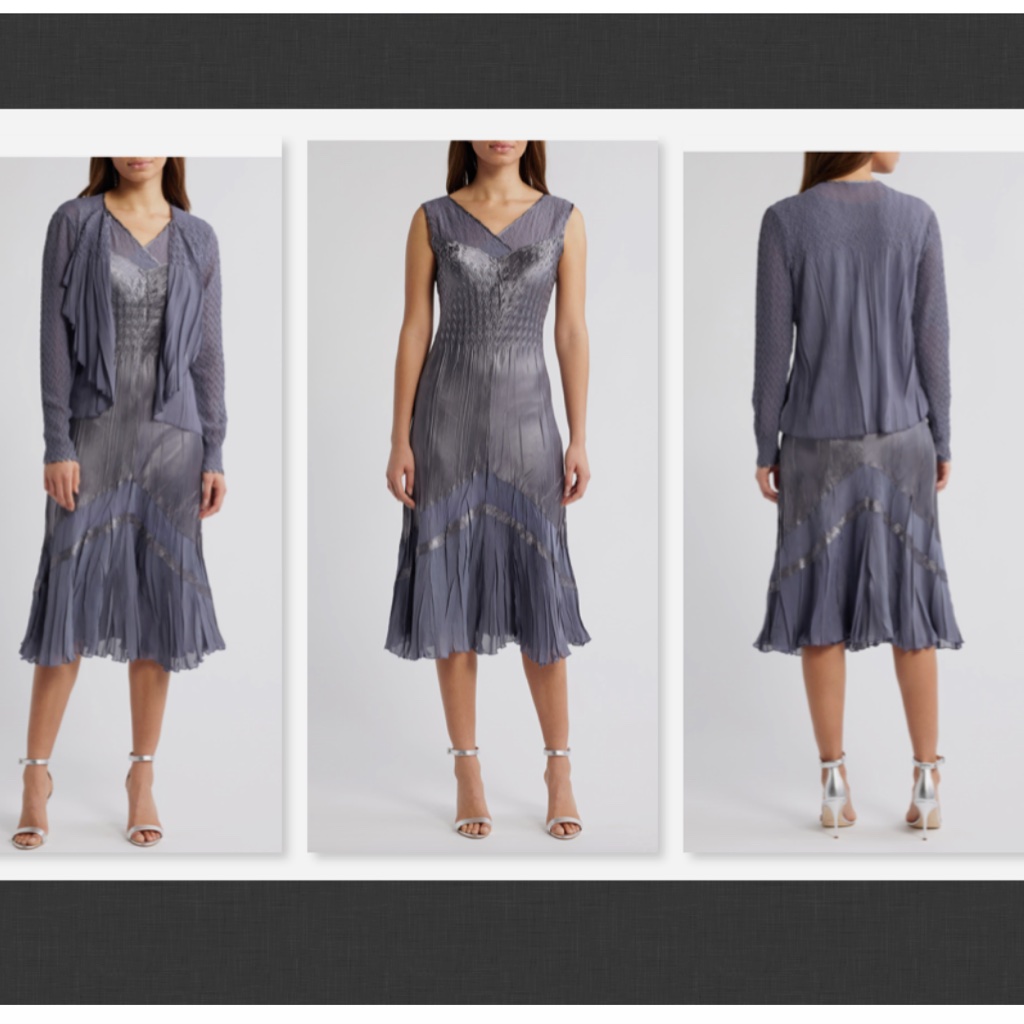 New $460 Komarov Charmeuse & Chiffon Midi Dress & Jacket Set Size Xl